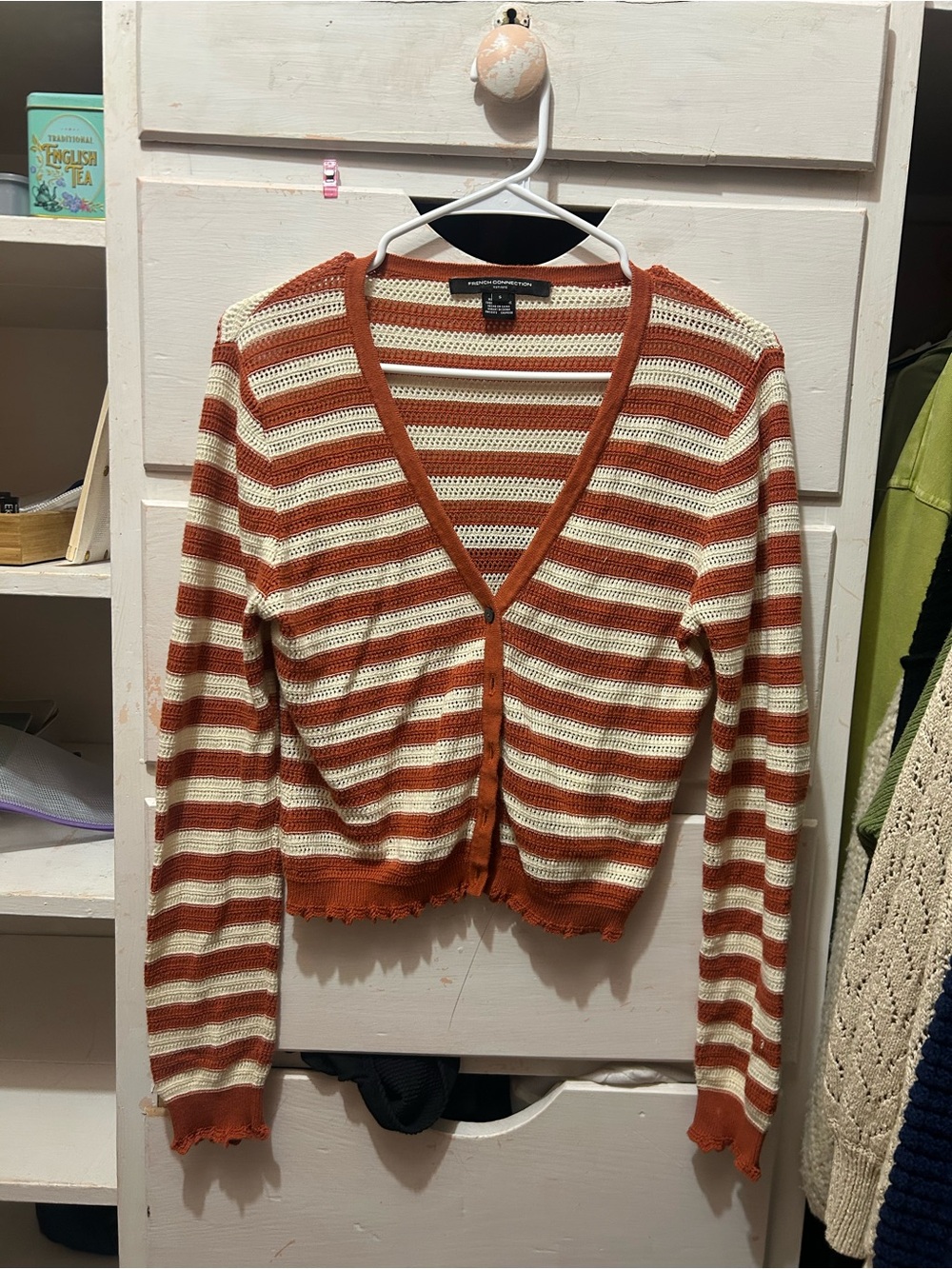 French Connection Rust & Cream Striped V-Neck Cardigan
